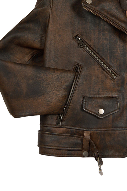 Newage Kadın Kahverengi Slim-fit Biker Deri Ceket