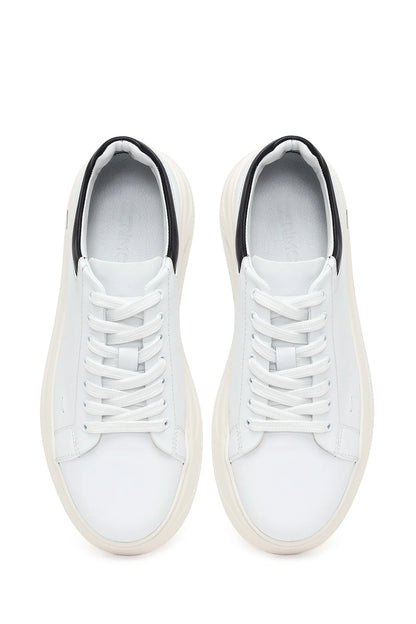 Erkek Beyaz Bağcıklı Kalın Deri Sneaker