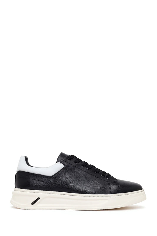 Erkek Siyah Bağcıklı Kalın Deri Sneaker