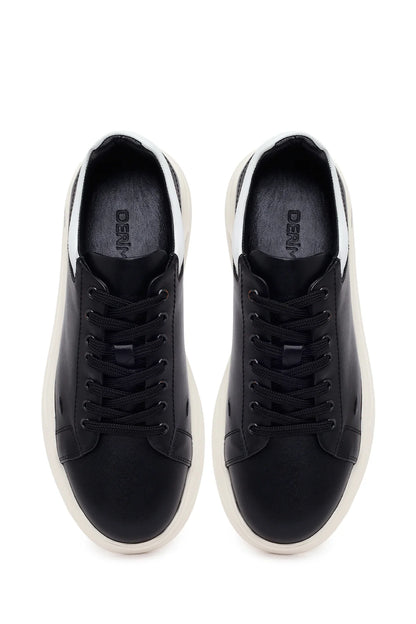 Erkek Siyah Bağcıklı Kalın Deri Sneaker