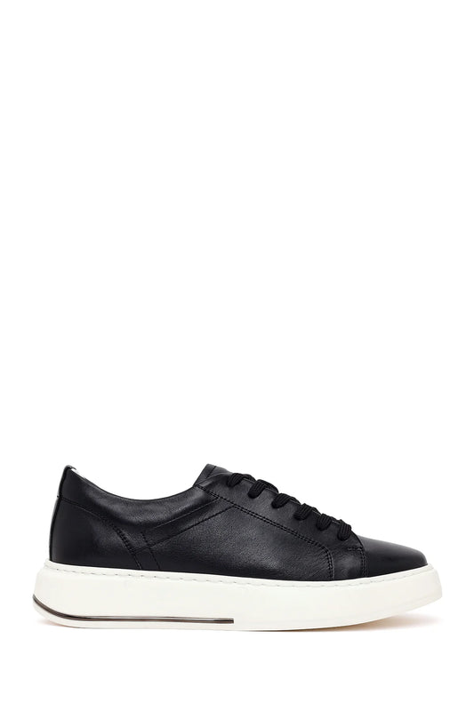 Erkek Siyah Bağcıklı Kalın Tabanlı Deri Sneaker