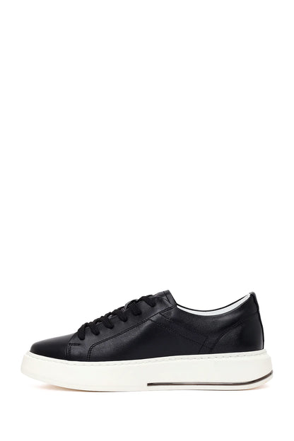 Erkek Siyah Bağcıklı Kalın Tabanlı Deri Sneaker