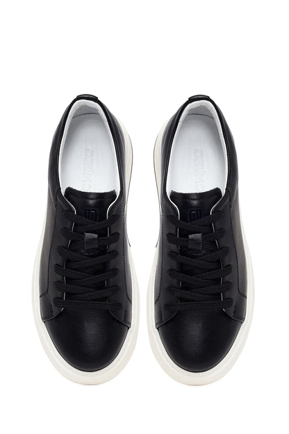 Erkek Siyah Bağcıklı Kalın Tabanlı Deri Sneaker