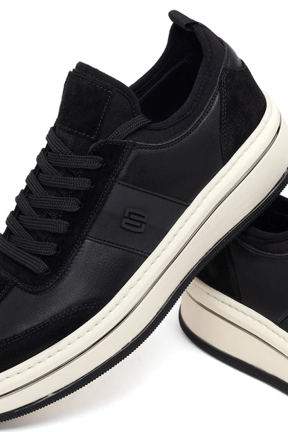 Erkek Siyah Bağcıklı Kalın Tabanlı Deri Sneaker