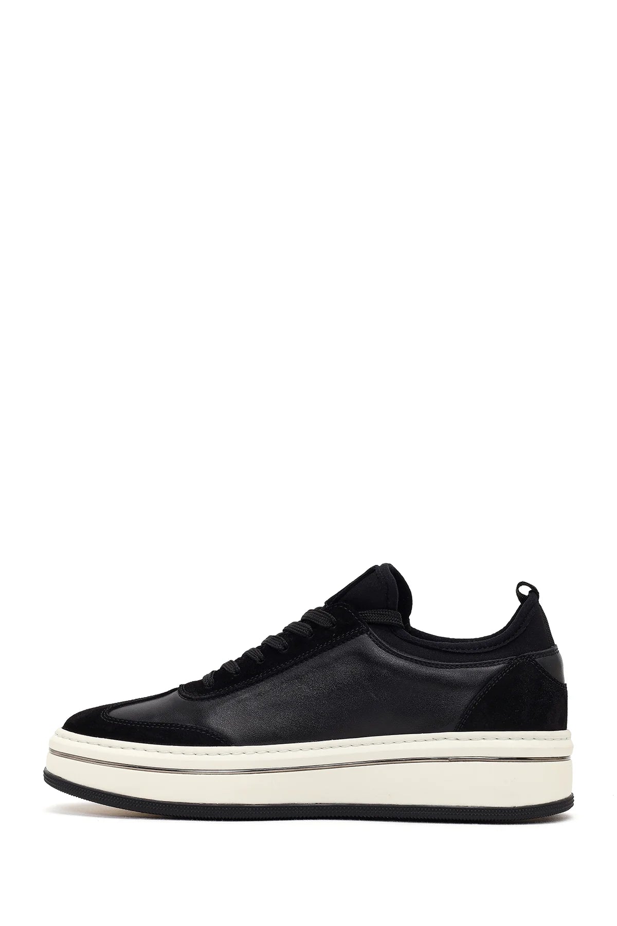 Erkek Siyah Bağcıklı Kalın Tabanlı Deri Sneaker