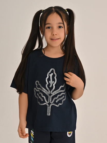 Fenerbahçe Lacivert Trend Hologram Baskı Çocuk Oversize Crop Tshirt