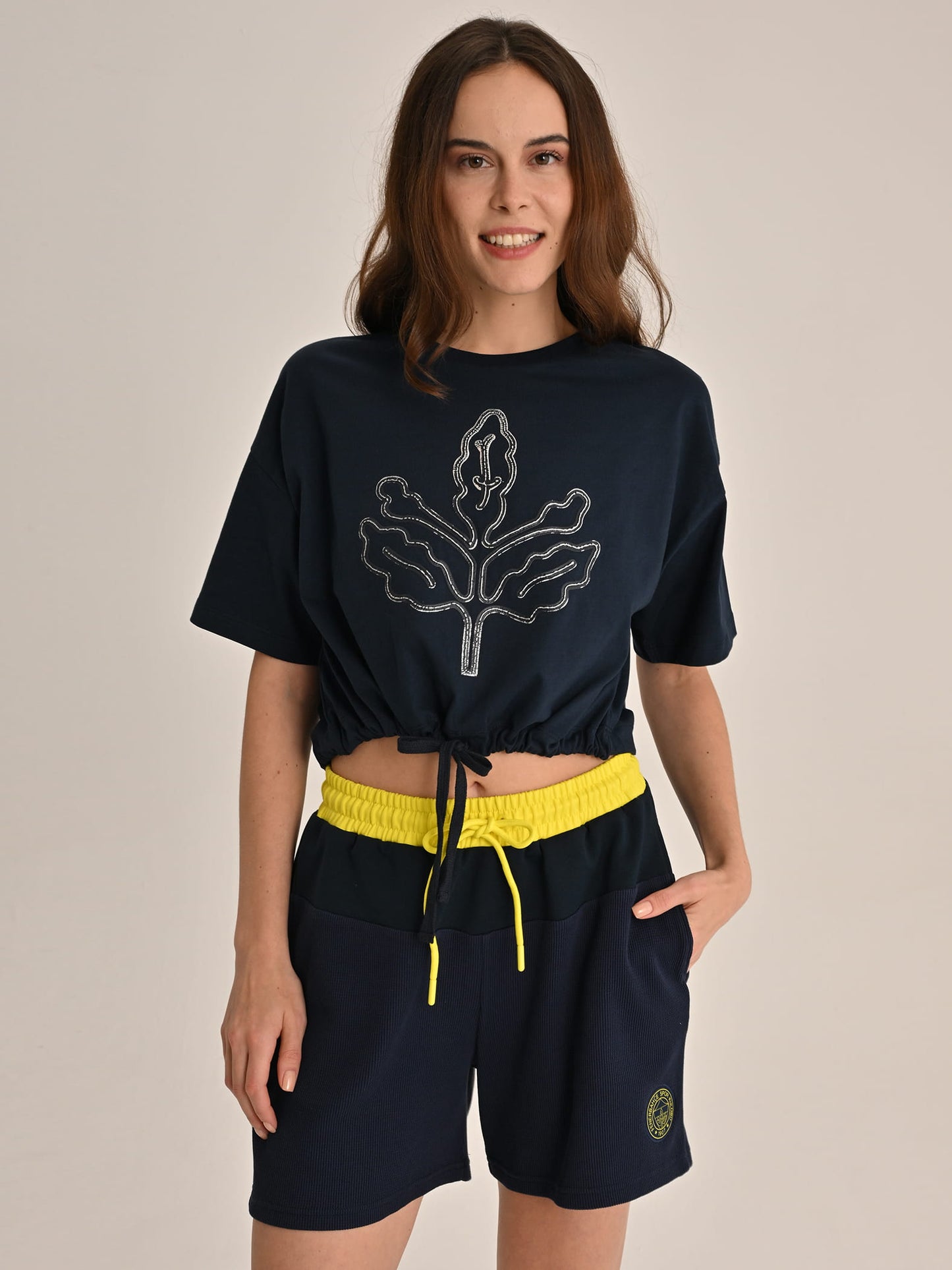 Fenerbahçe Lacivert Trend Hologram Baskı Kadın Oversize Crop Tshirt