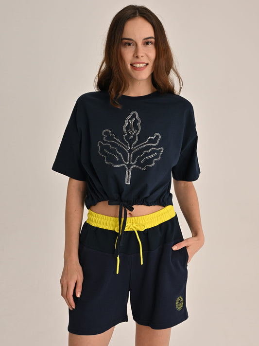 Fenerbahçe Lacivert Trend Hologram Baskı Kadın Oversize Crop Tshirt