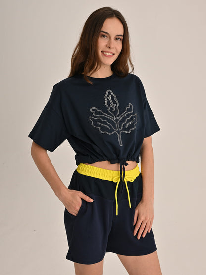 Fenerbahçe Lacivert Trend Hologram Baskı Kadın Oversize Crop Tshirt