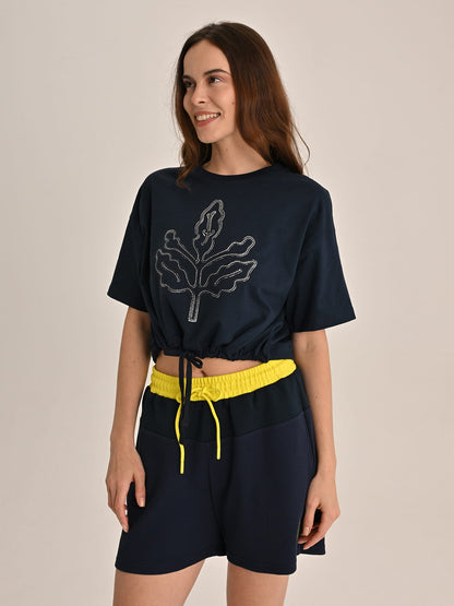 Fenerbahçe Lacivert Trend Hologram Baskı Kadın Oversize Crop Tshirt
