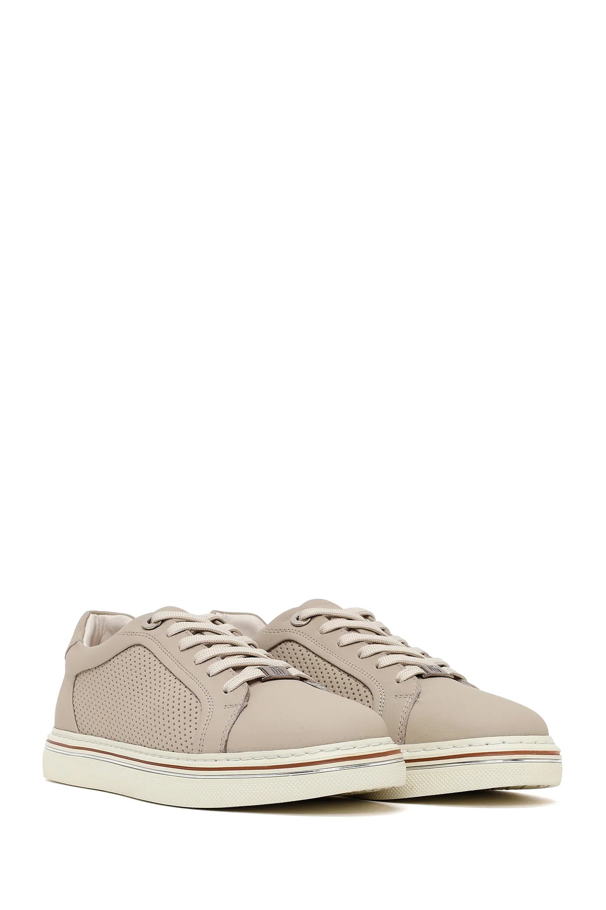 Erkek Bej Bağcıklı Deri Sneaker