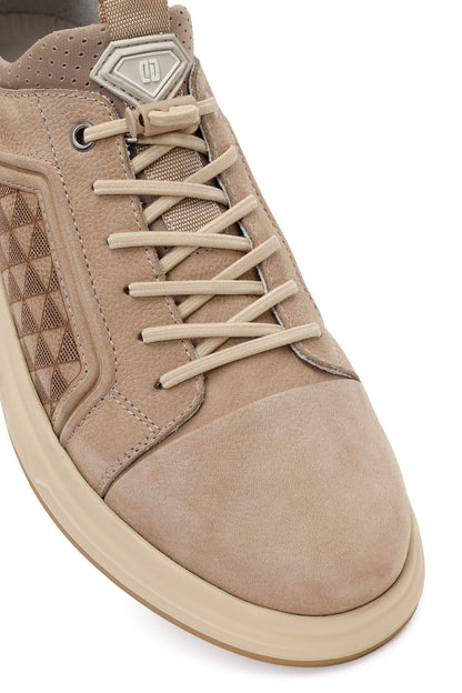 Erkek Vizon Bağcıklı Baskılı Nubuk Deri Sneaker