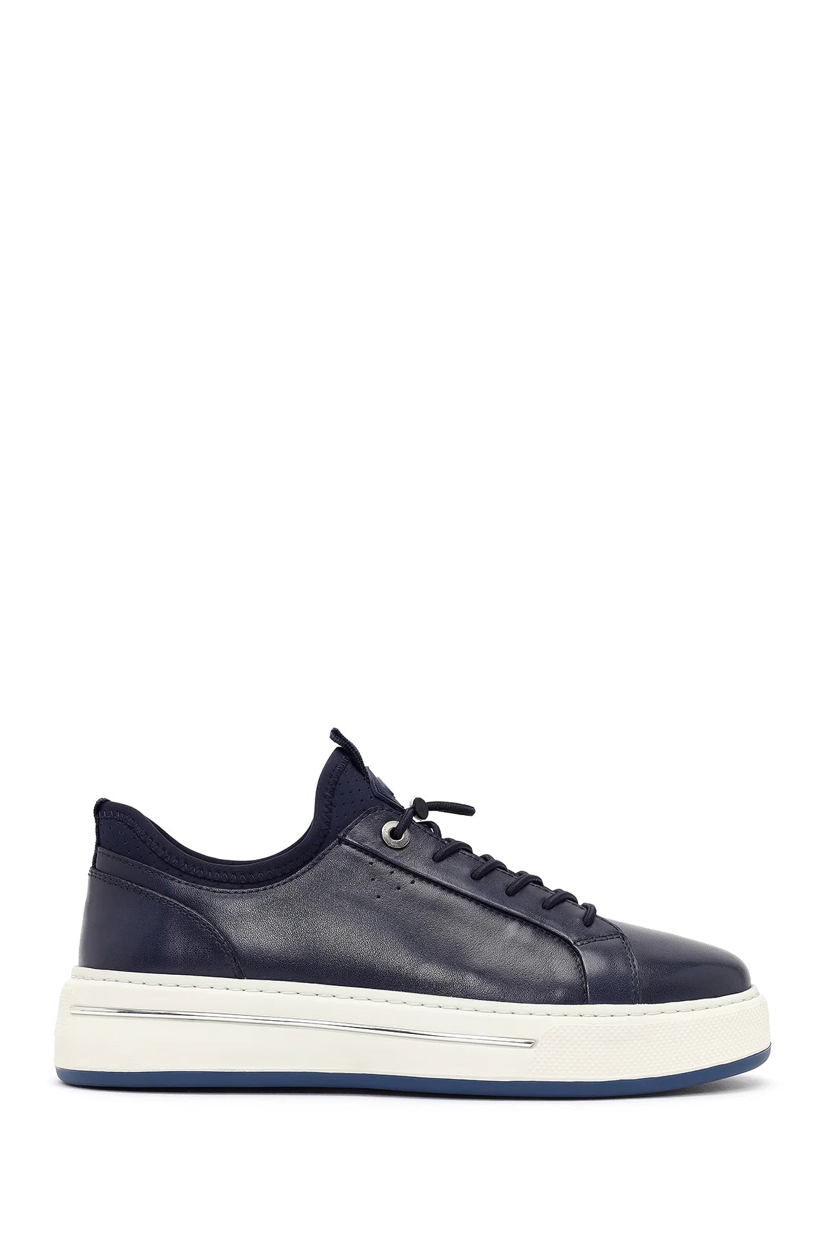 Erkek Lacivert Bağcıklı Kalın Tabanlı Deri Sneaker