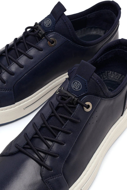 Erkek Lacivert Bağcıklı Kalın Tabanlı Deri Sneaker