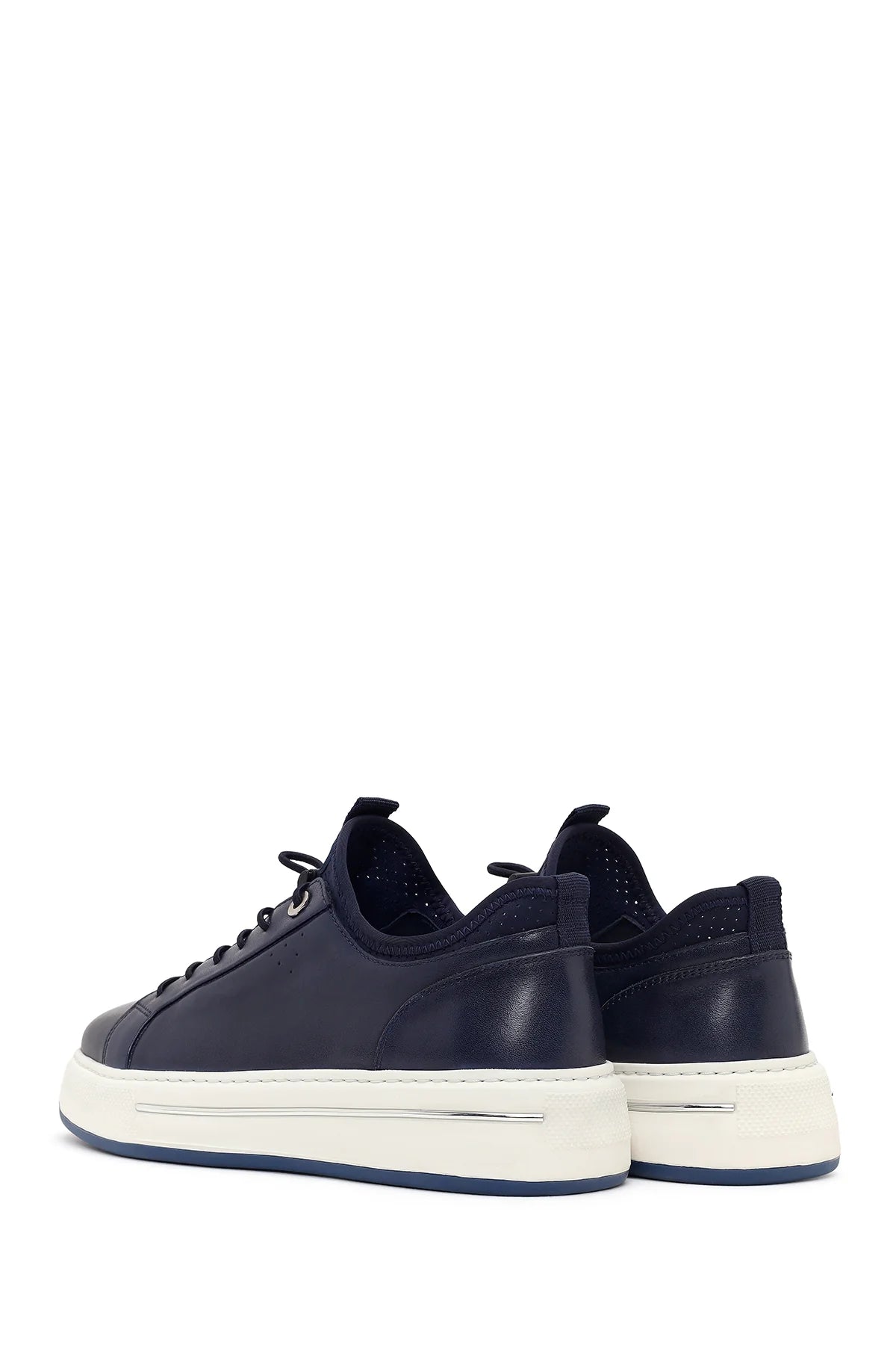 Erkek Lacivert Bağcıklı Kalın Tabanlı Deri Sneaker