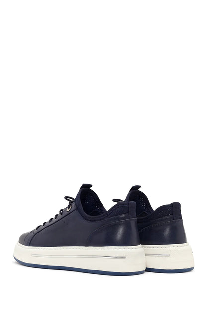 Erkek Lacivert Bağcıklı Kalın Tabanlı Deri Sneaker