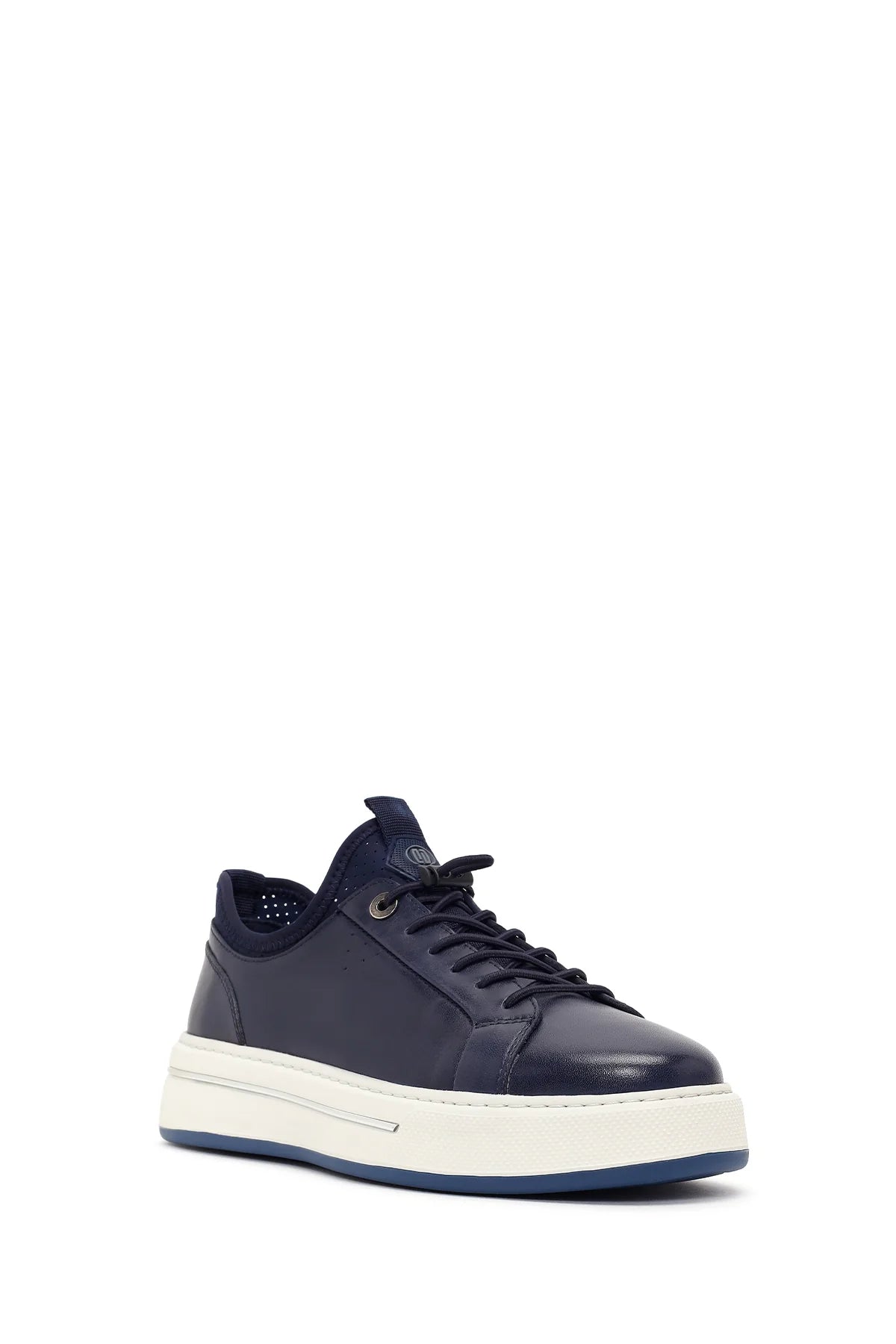 Erkek Lacivert Bağcıklı Kalın Tabanlı Deri Sneaker