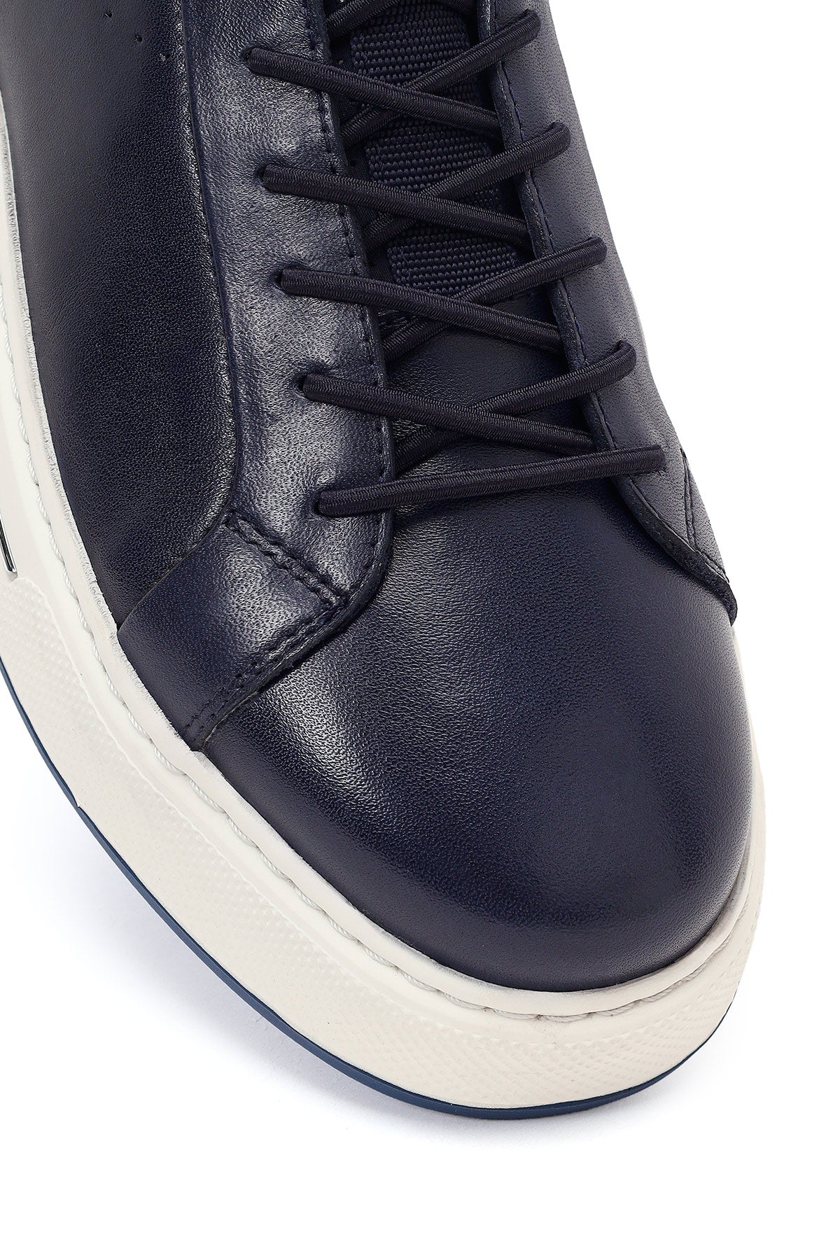 Erkek Lacivert Bağcıklı Kalın Tabanlı Deri Sneaker