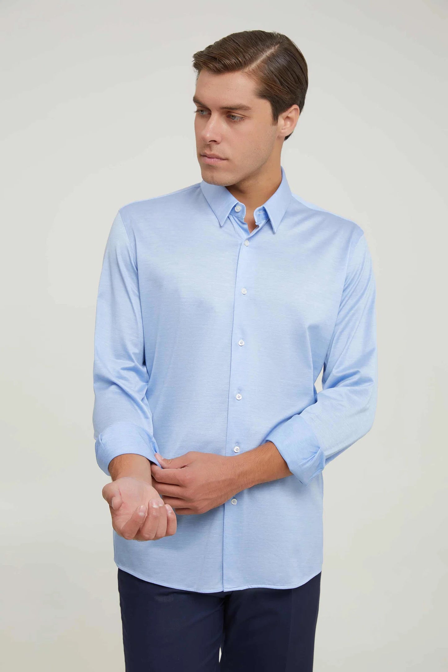 Damat Slim Fit Mavi Oxford Örme Gömlek