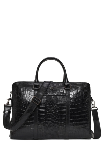 Unisex Siyah Uzun Askılı Kroko Desenli Deri Evrak Çantası