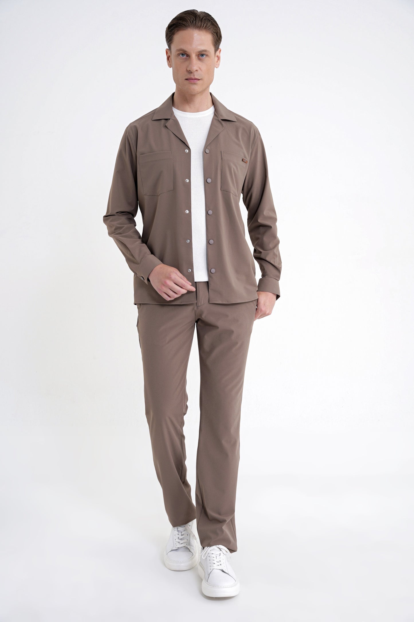 Comfort Fit Apaş Yaka Doku Desenli %100 Pamuk Vizon Gömlek Ceket G 1601