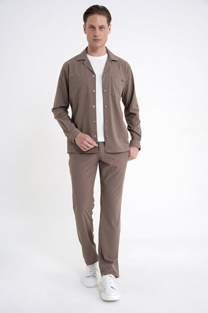 Comfort Fit Apaş Yaka Doku Desenli %100 Pamuk Vizon Gömlek Ceket G 1601
