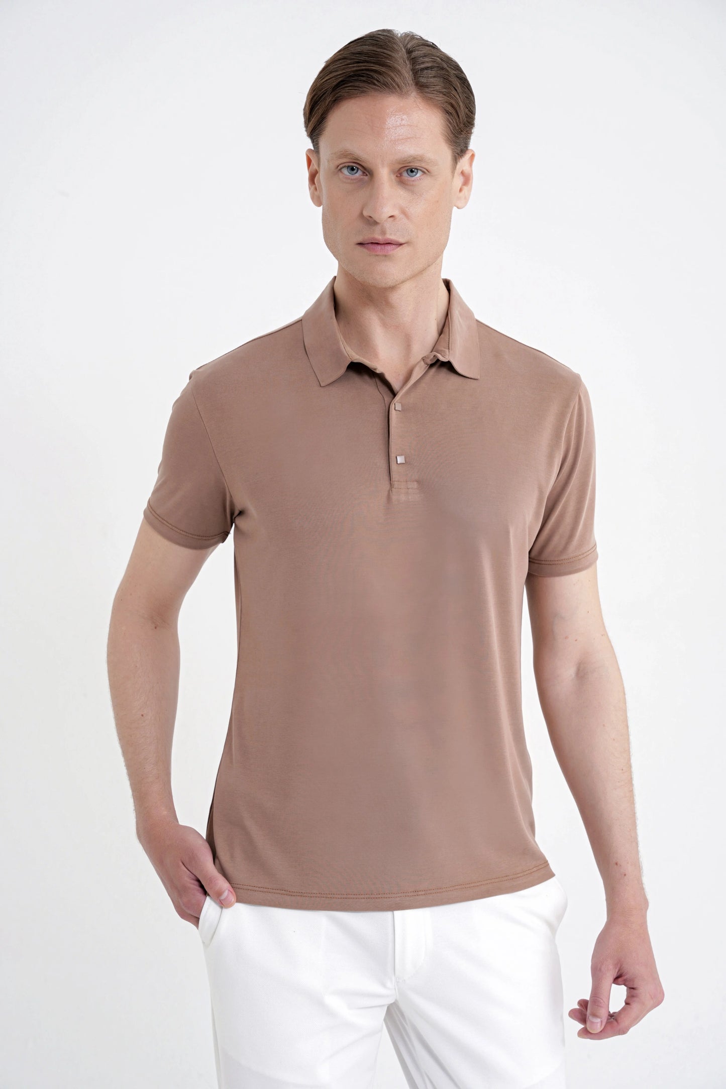 Slim Fit Modal Kumaş Vizon Çıtçıtlı Polo Yaka Tişört Ts 923