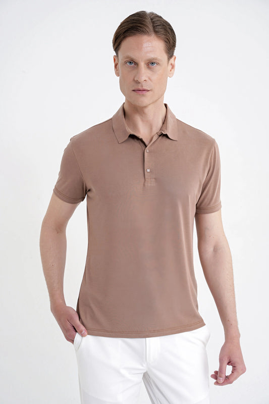 Slim Fit Modal Kumaş Vizon Çıtçıtlı Polo Yaka Tişört Ts 923