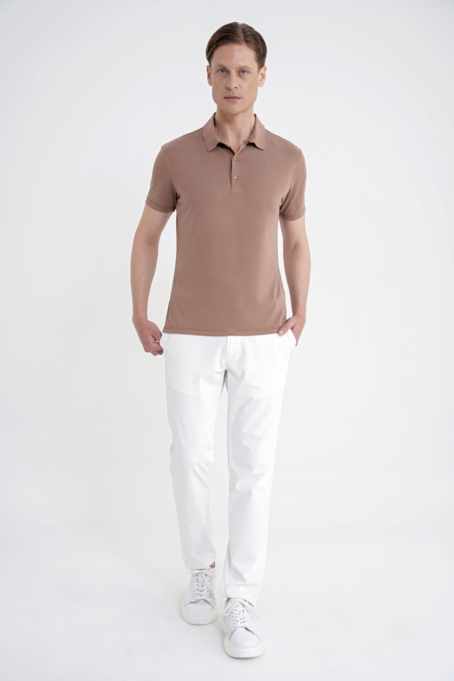Slim Fit Modal Kumaş Vizon Çıtçıtlı Polo Yaka Tişört Ts 923