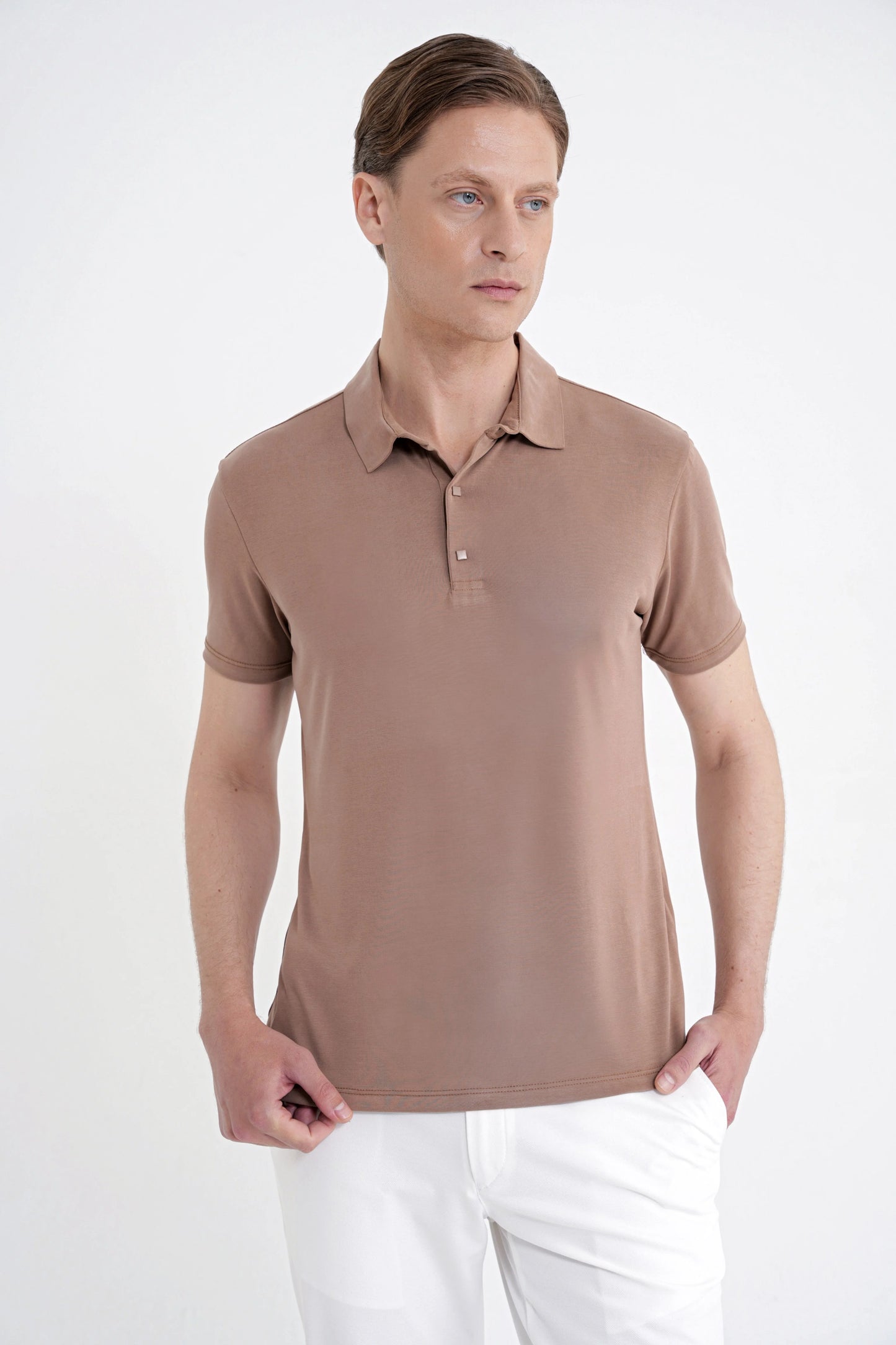 Slim Fit Modal Kumaş Vizon Çıtçıtlı Polo Yaka Tişört Ts 923