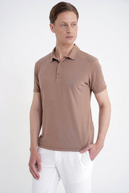 Slim Fit Modal Kumaş Vizon Çıtçıtlı Polo Yaka Tişört Ts 923