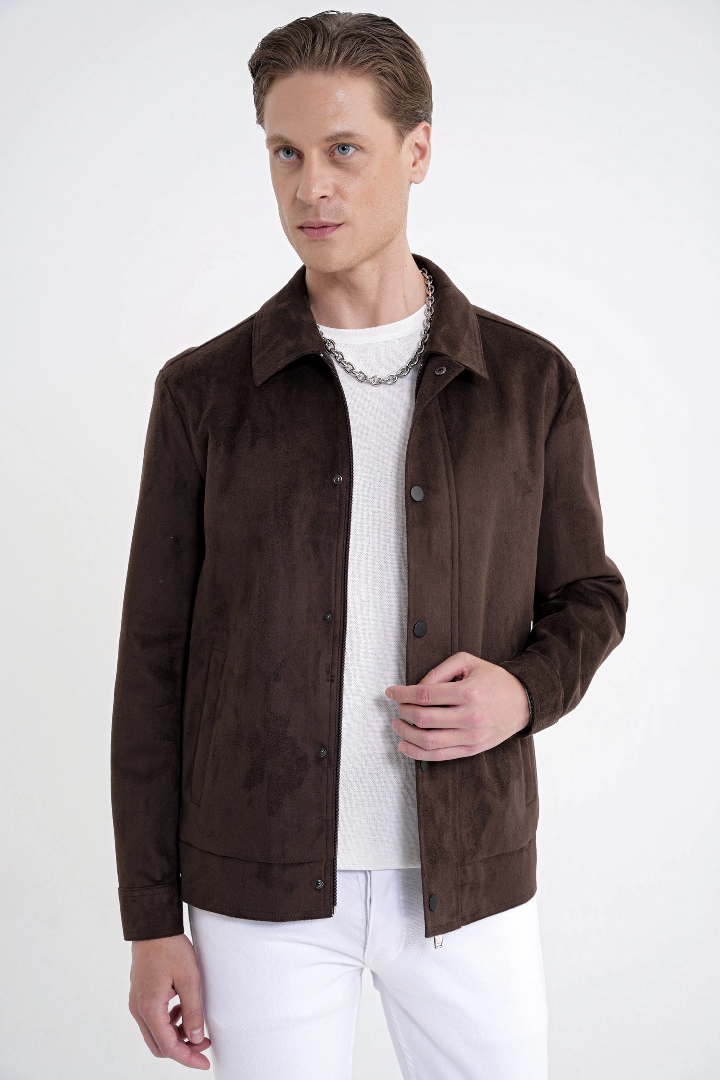 Comfort Fit Yan Cepli Süet Görünümlü Kahverengi Mont Mt 180