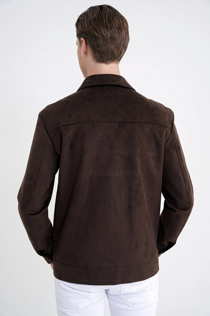 Comfort Fit Yan Cepli Süet Görünümlü Kahverengi Mont Mt 180
