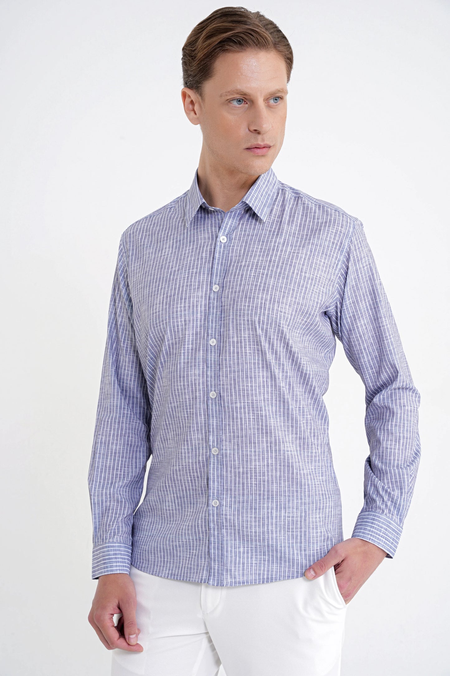 Slim Fit Klapa Yaka Esnek Pamuklu Gri Çizgili Gömlek G 1599