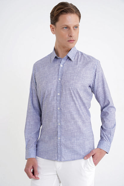 Slim Fit Klapa Yaka Esnek Pamuklu Gri Çizgili Gömlek G 1599