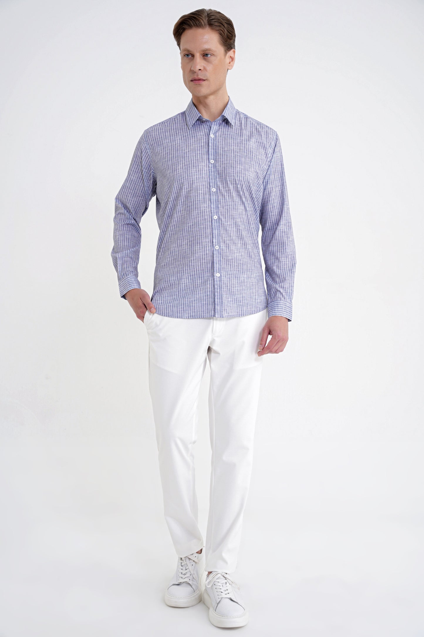 Slim Fit Klapa Yaka Esnek Pamuklu Gri Çizgili Gömlek G 1599