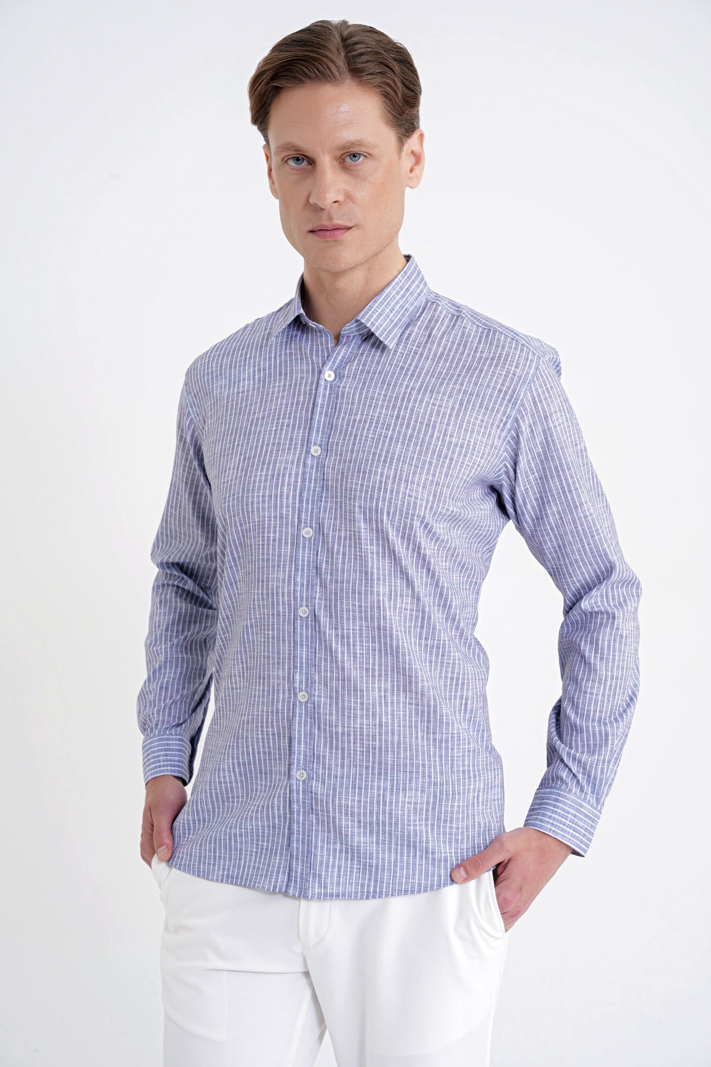 Slim Fit Klapa Yaka Esnek Pamuklu Gri Çizgili Gömlek G 1599