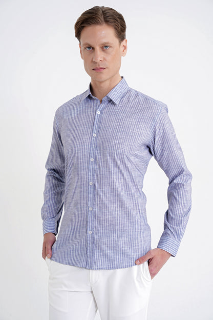 Slim Fit Klapa Yaka Esnek Pamuklu Gri Çizgili Gömlek G 1599