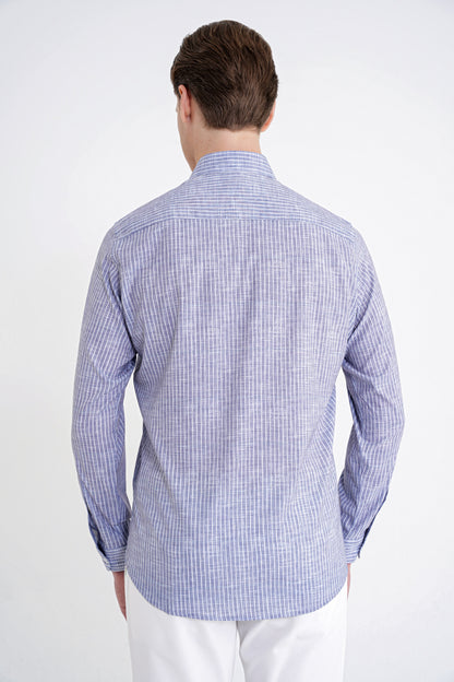 Slim Fit Klapa Yaka Esnek Pamuklu Gri Çizgili Gömlek G 1599