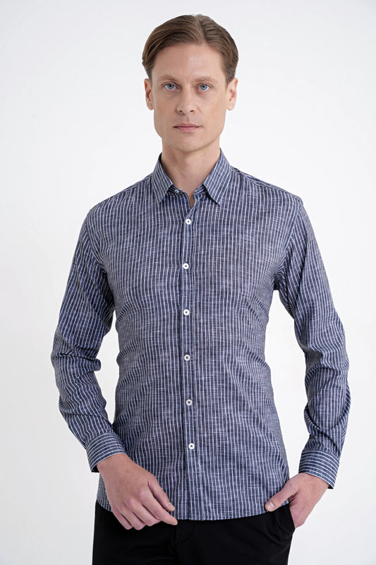 Slim Fit Klapa Yaka Esnek Pamuklu Siyah Çizgili Gömlek G 1599
