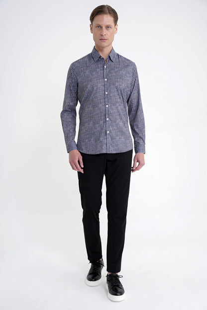 Slim Fit Klapa Yaka Esnek Pamuklu Siyah Çizgili Gömlek G 1599