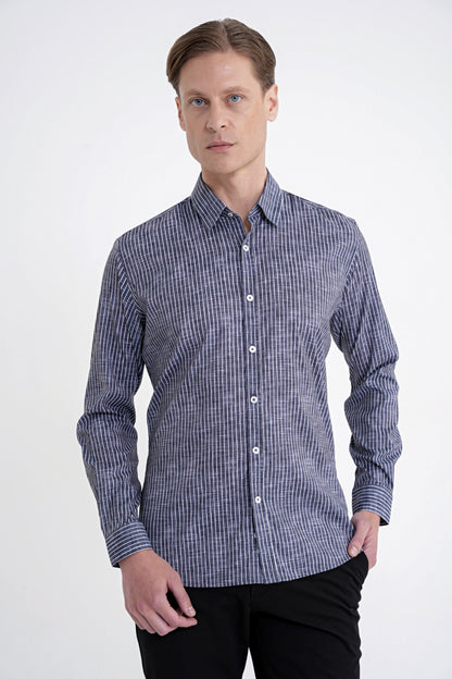 Slim Fit Klapa Yaka Esnek Pamuklu Siyah Çizgili Gömlek G 1599