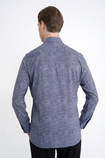 Slim Fit Klapa Yaka Esnek Pamuklu Siyah Çizgili Gömlek G 1599