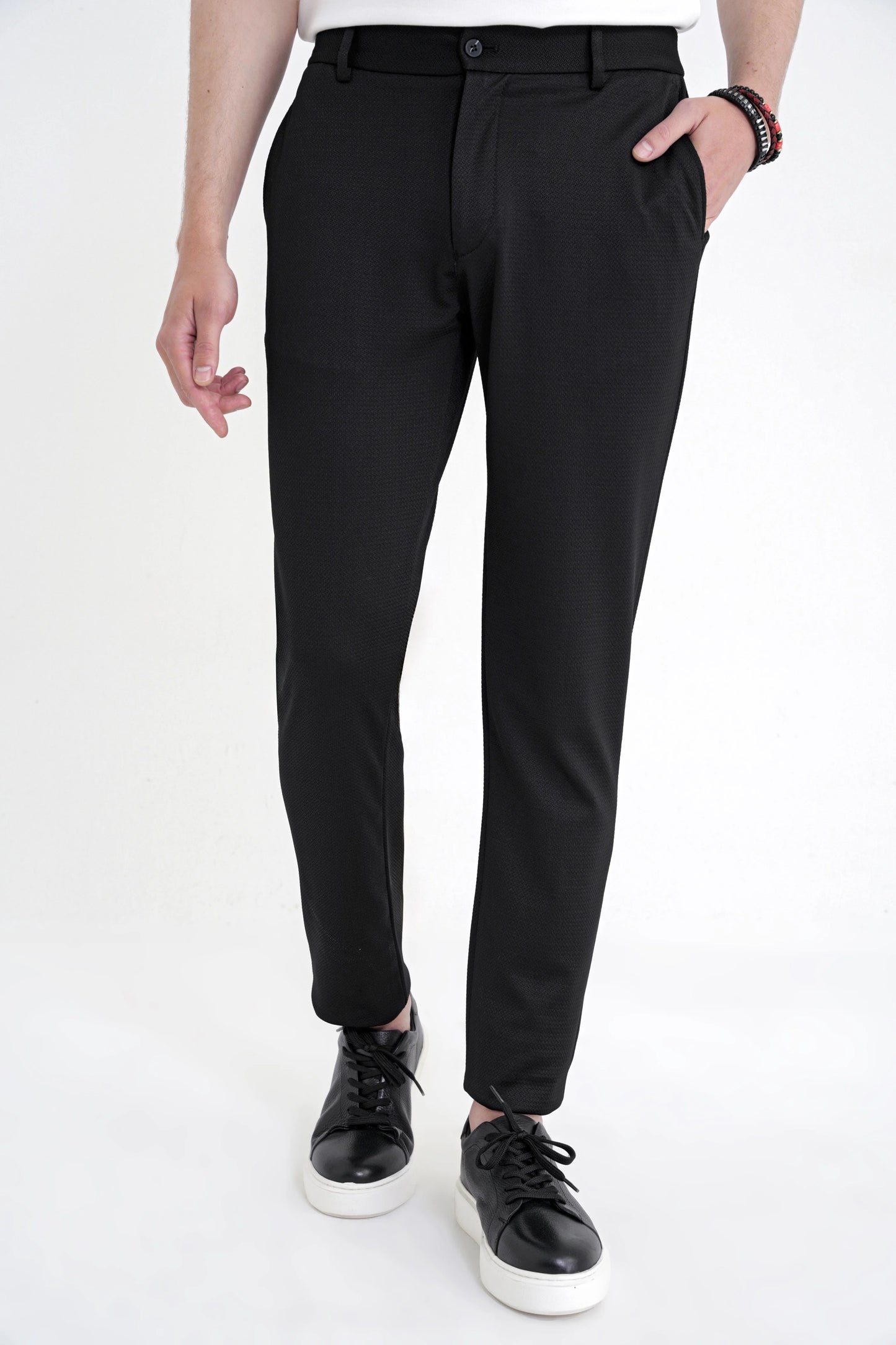 Comfort Fit Beli Lastikli Armürlü Dokuma Esnek Pamuk Siyah Jogger Pantolon P 1217
