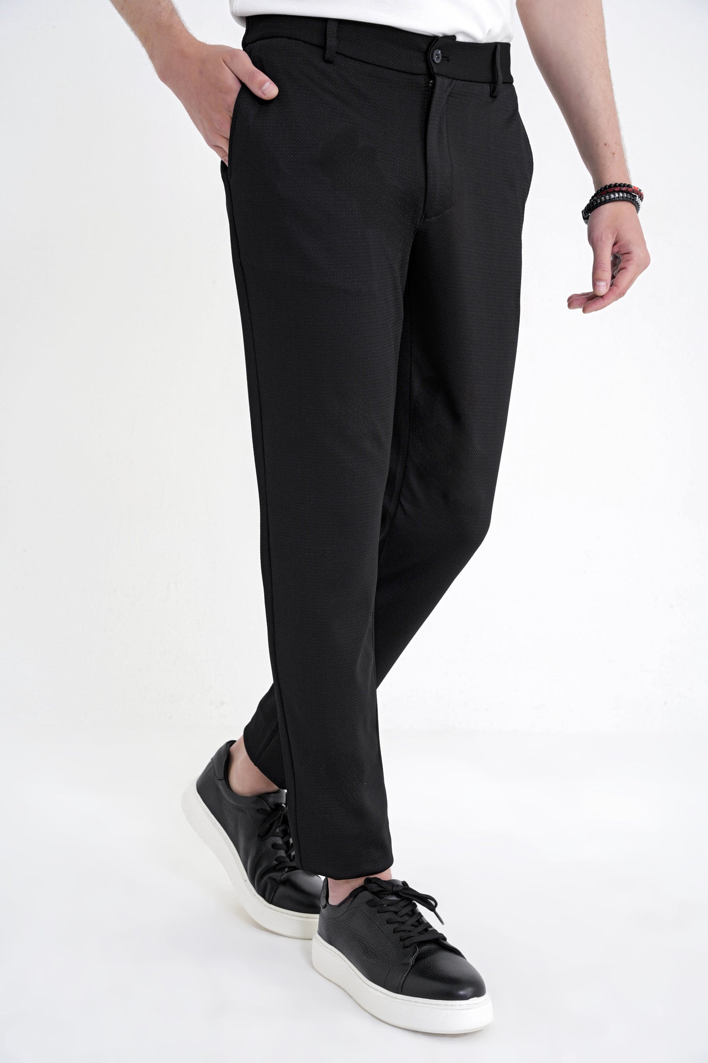 Comfort Fit Beli Lastikli Armürlü Dokuma Esnek Pamuk Siyah Jogger Pantolon P 1217