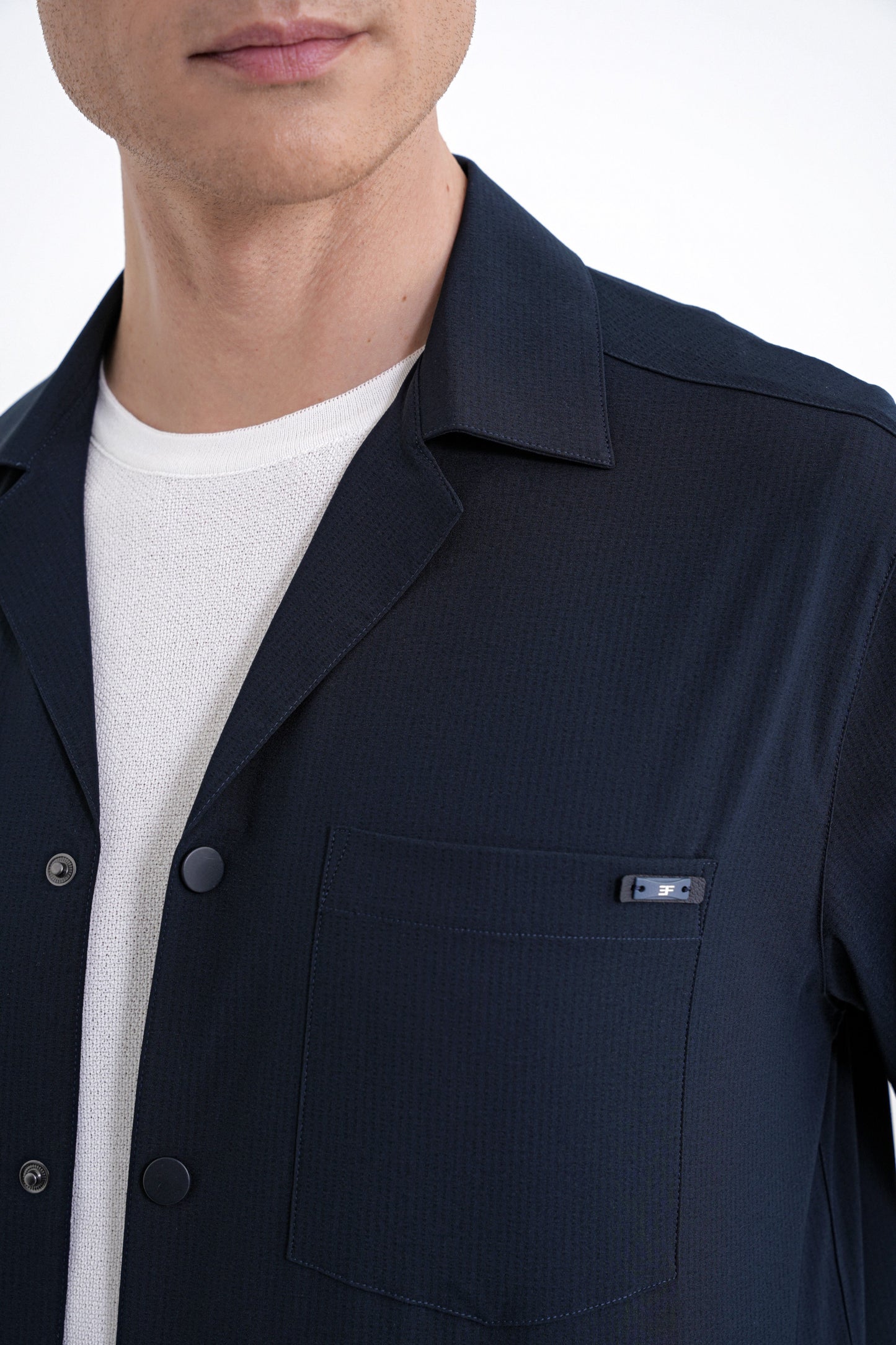 Comfort Fit Apaş Yaka Doku Desenli %100 Pamuk Lacivert Gömlek Ceket G 1601