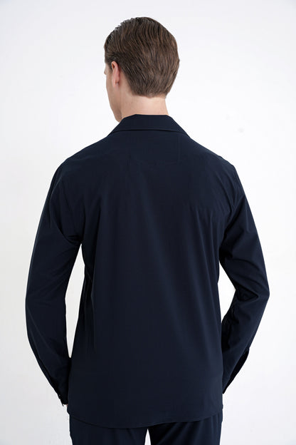 Comfort Fit Apaş Yaka Doku Desenli %100 Pamuk Lacivert Gömlek Ceket G 1601