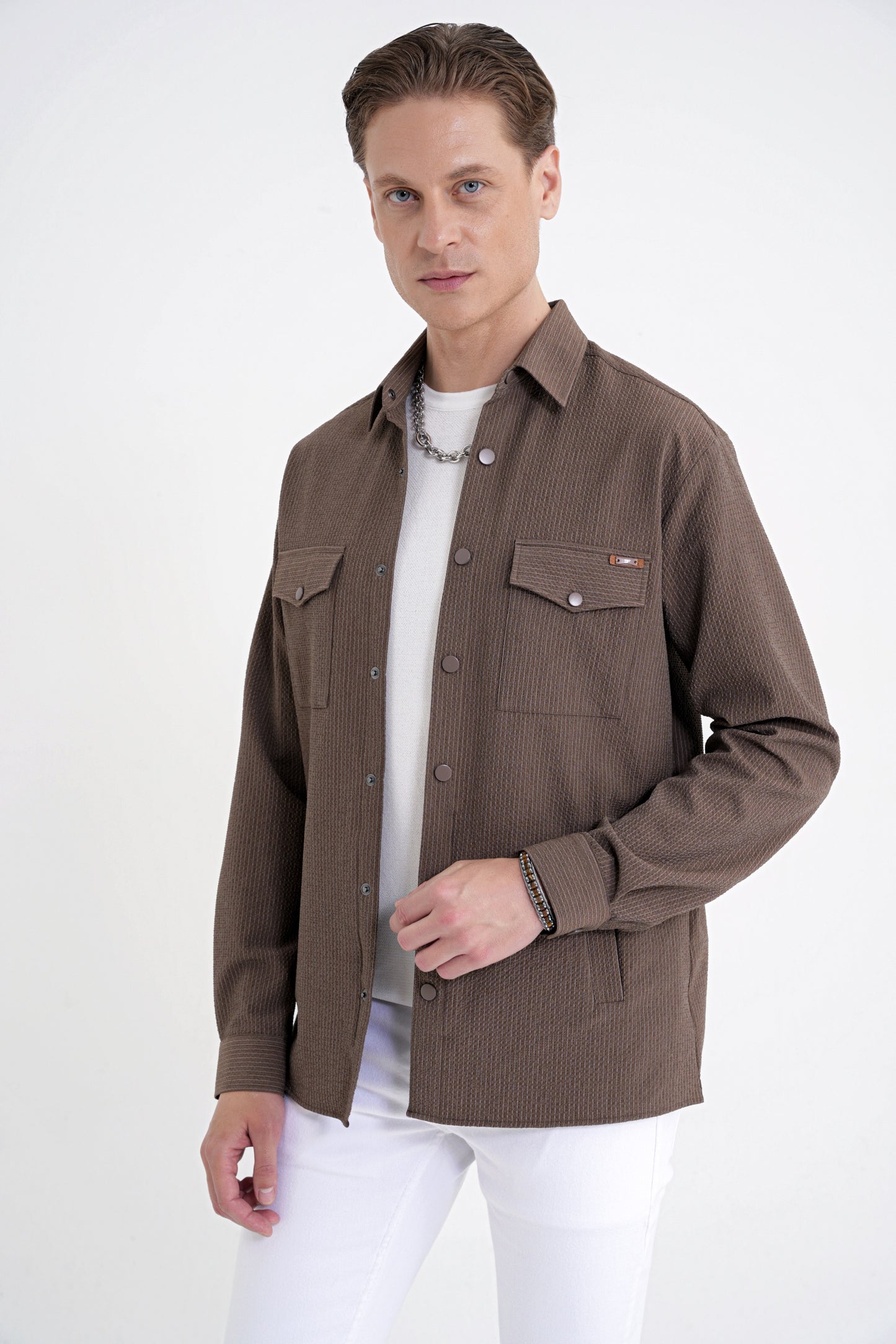 Comfort Fit Yan Cepli Esnek Ince Çizgili Camel Gömlek Ceket G 1608