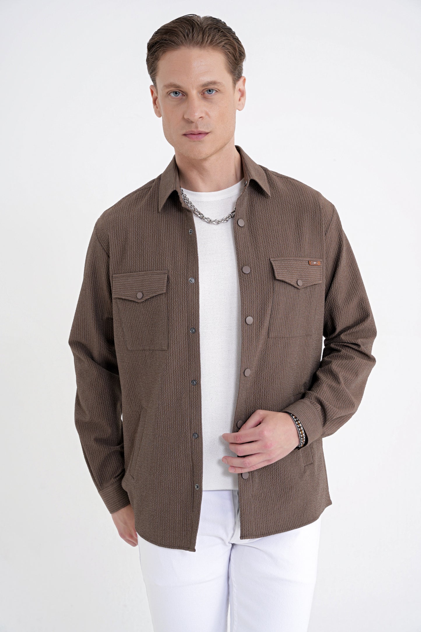Comfort Fit Yan Cepli Esnek Ince Çizgili Camel Gömlek Ceket G 1608