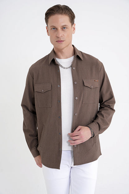 Comfort Fit Yan Cepli Esnek Ince Çizgili Camel Gömlek Ceket G 1608